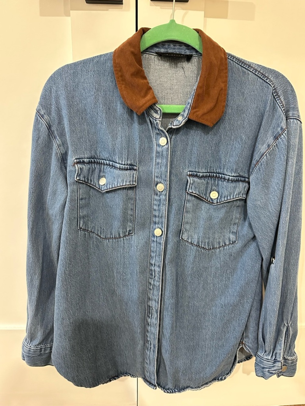 Denim Button-Up Shirt Jacket with Brown Corduroy Collar